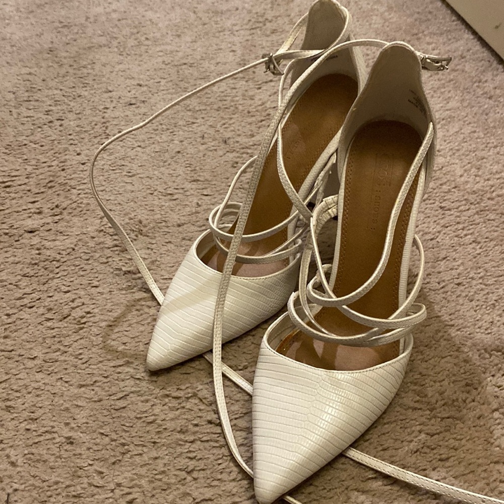 ASOS white crocodile leather heels; straps wrap around ankle
